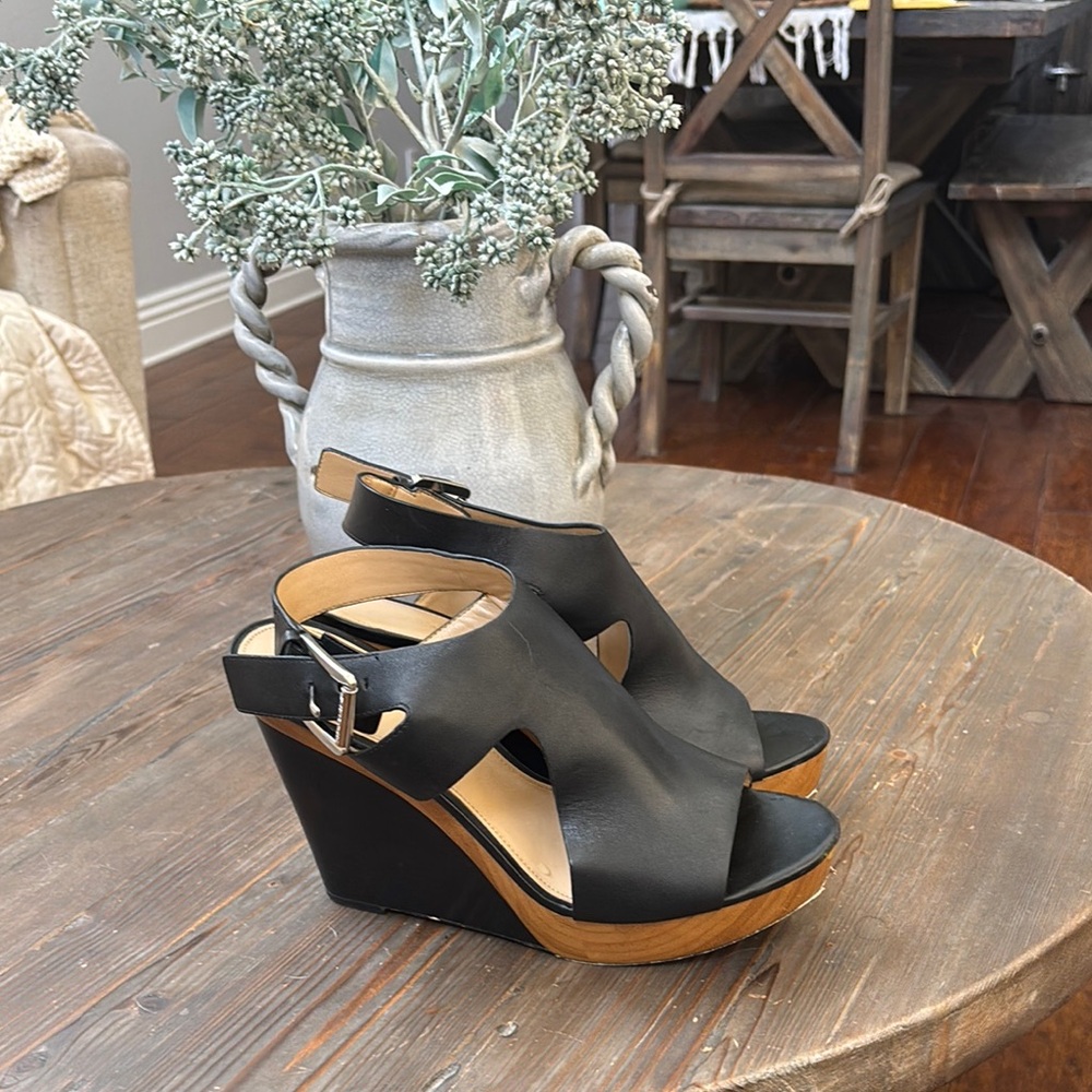 Michael Kors Black Wedge Sandals with Leather Upper